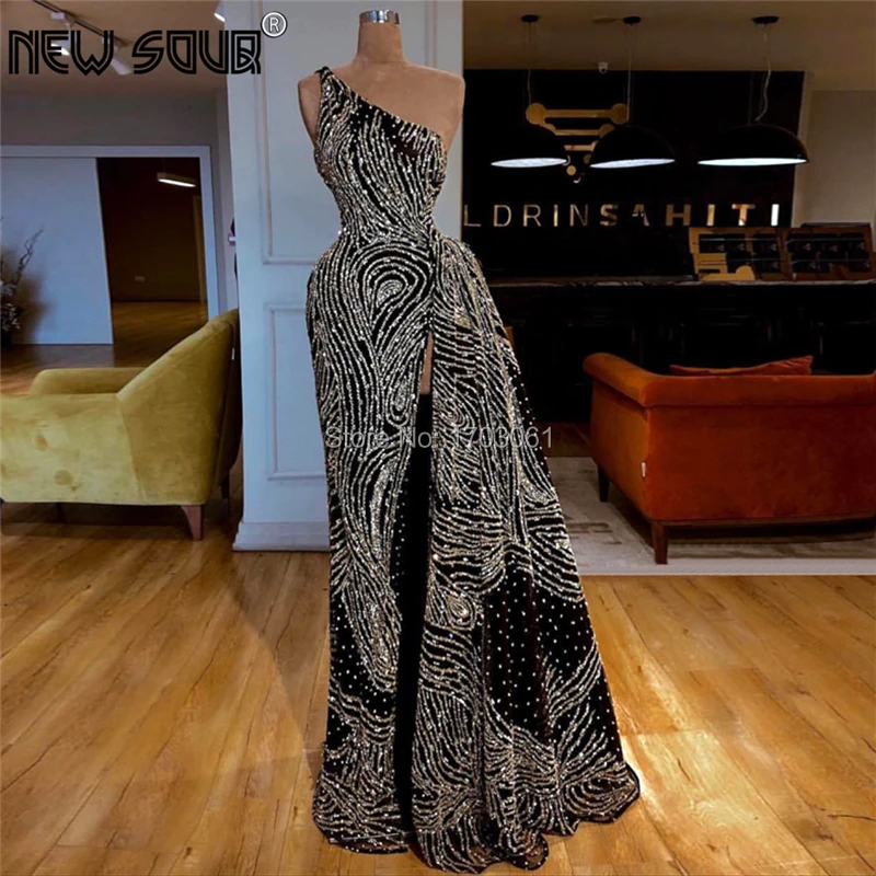 

Black High Split Side Evening Dresses For Turkish Islamic 2019 New Prom Dress Muslim Sleeveless Shiny Dubai Party Gowns Vestido