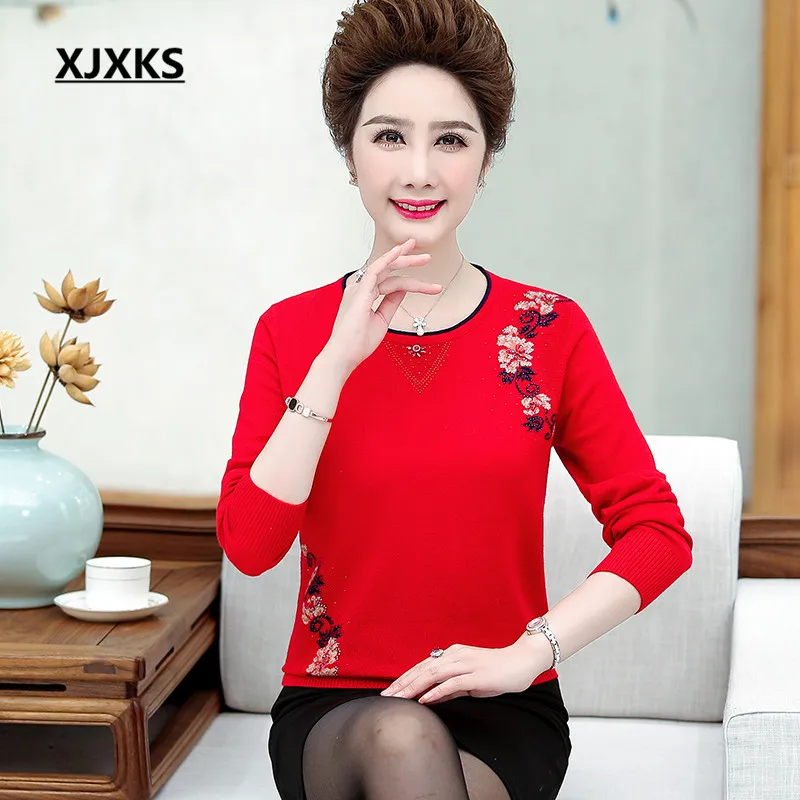 XJXKS autumn winter new plus size women sweater exquisite beaded comfortable cashmere knitted sweater women pullover - Цвет: Красный