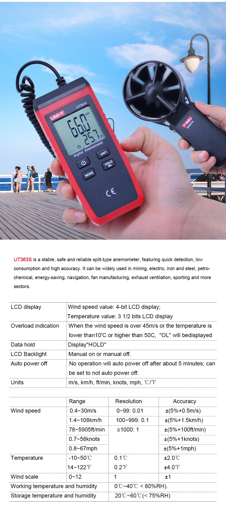 UNI-T UT333S UT363S UT383S Split type Temperature Humidity Meter Anemometer Wind Speed Meter Light Meter Luxmeter