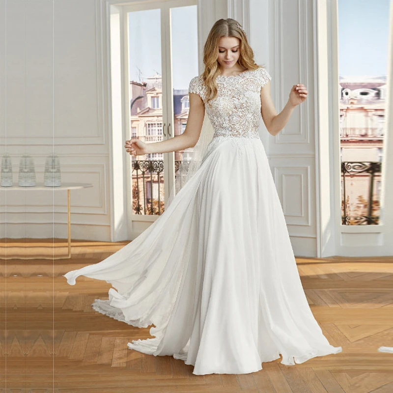 

A Line Chiffon Wedding Dresses Lace Appliques Bridal Dress With Cap Sleeve Vestido De Noiva with Train Custom Made Back Button