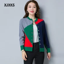 XJXKS, новинка, Осенний женский кардиган, свитер, Повседневный, длинный рукав, вязаный кардиган, пальто Modis, сшитый цветной свитер, верхняя одежда