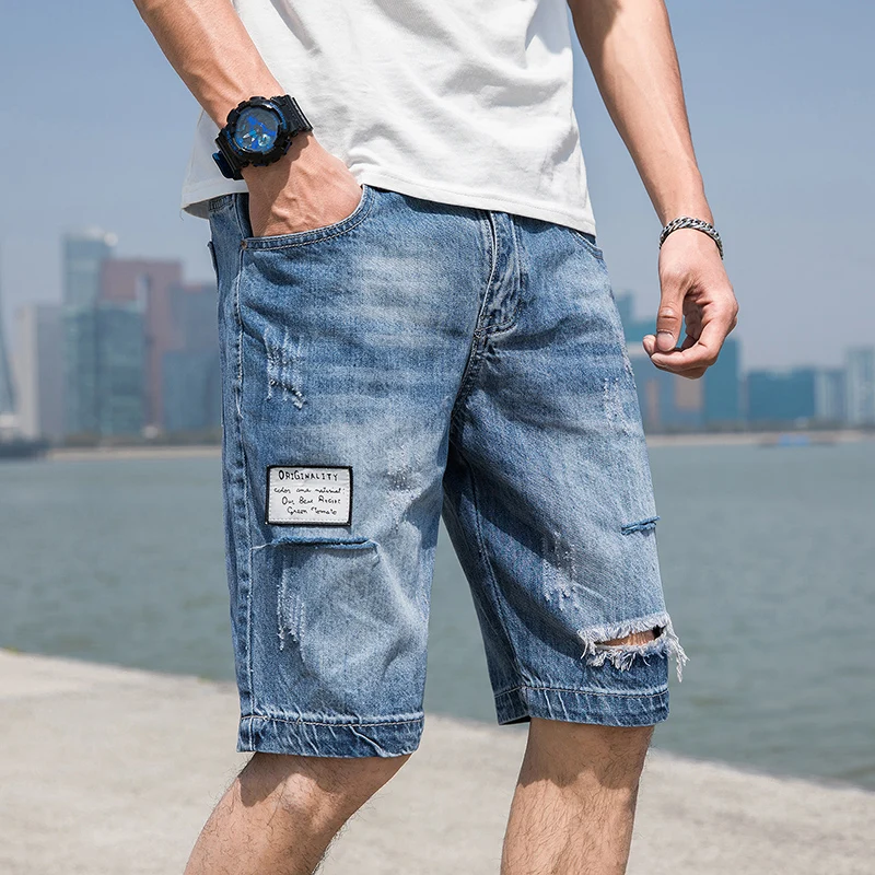 Men Blue Denim Shorts Holes Short Jeans 