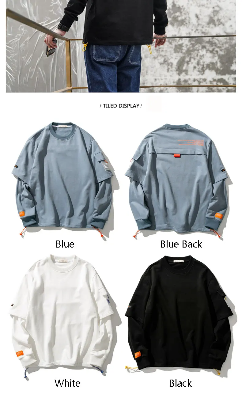 Cotton Fake Two Pieces Printed Men's Sweatshirts Patch Designs Mens Hoodies Male Loose Casual Round neck Hoodie Streetwear