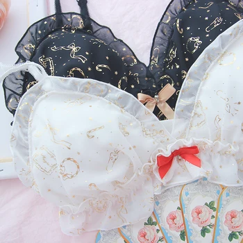 

Lolita Hot stamping Japanese Soft sister student Bra lovely Teenage heart Triangle cup No rims Small chest underwear