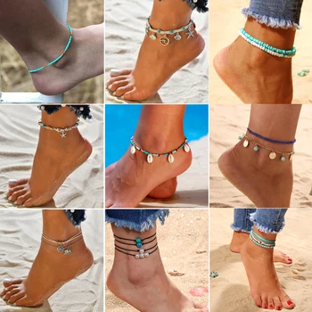 

Bohemian Boho Turquoises Beads Stone Anklets For Women Vintage Handmade Anklet Bracelet On Leg Beach Ocean Jewelry