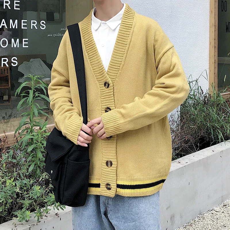 2019 autumn mens Thin Knitting Unlined Upper Garment Sweater Man Cardigan Handsome Loose Coat Chinese Style Striped Yellow Black 2019 autumn mens Thin Knitting Unlined Upper Garment Sweater Man Cardigan Handsome Loose Coat Chinese Style Striped Yellow Black