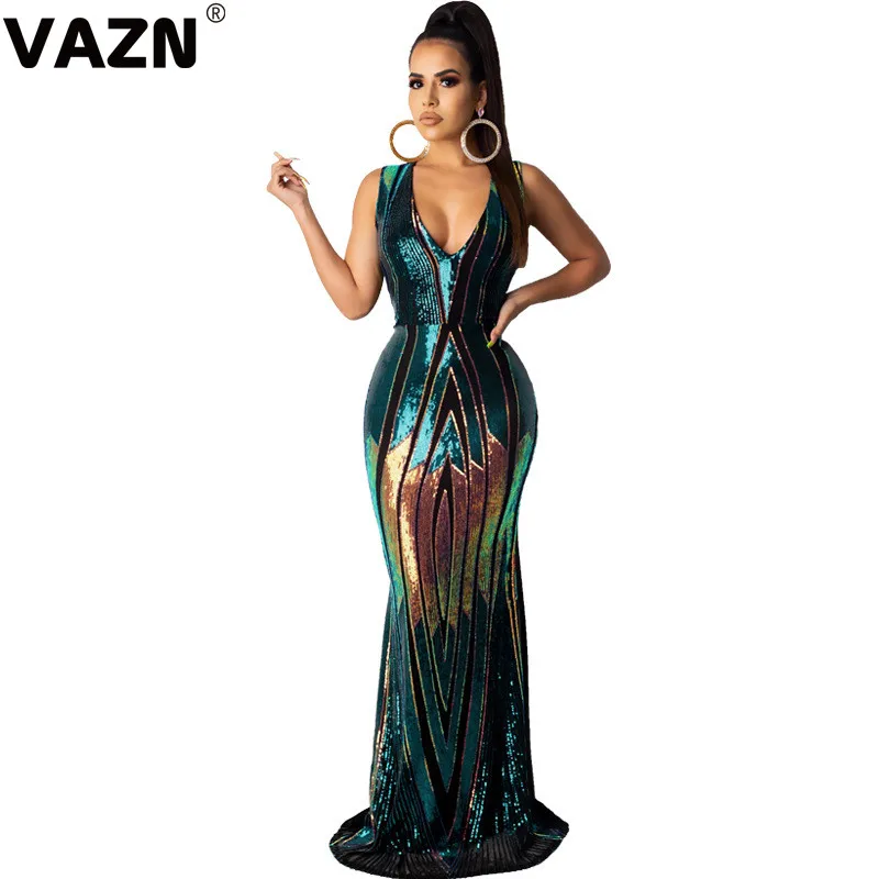 Синий VAZN England Style Spring New Print Club Sexy Women lace Long Dress Lady Halter-Neck SleeveLess High Street Bodycon Dress - Цвет: Синий