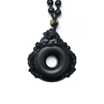 

Men Necklace Pendant Black Obsidian Carved Brave Troops Safety Button Pendant Gift for Women Fine Jade Jewelry