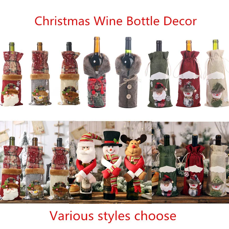 

Christmas Wine Bottle Decor Set Santa Claus Snowman Deer Bottle Cover Clothes Kitchen Decoration for New Year Xmas Dinner Party
