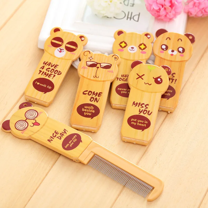0757 Cute Cartoon Ribbon Comb Makeup Mirror Students Creative Set Folding Portable Small Mirror