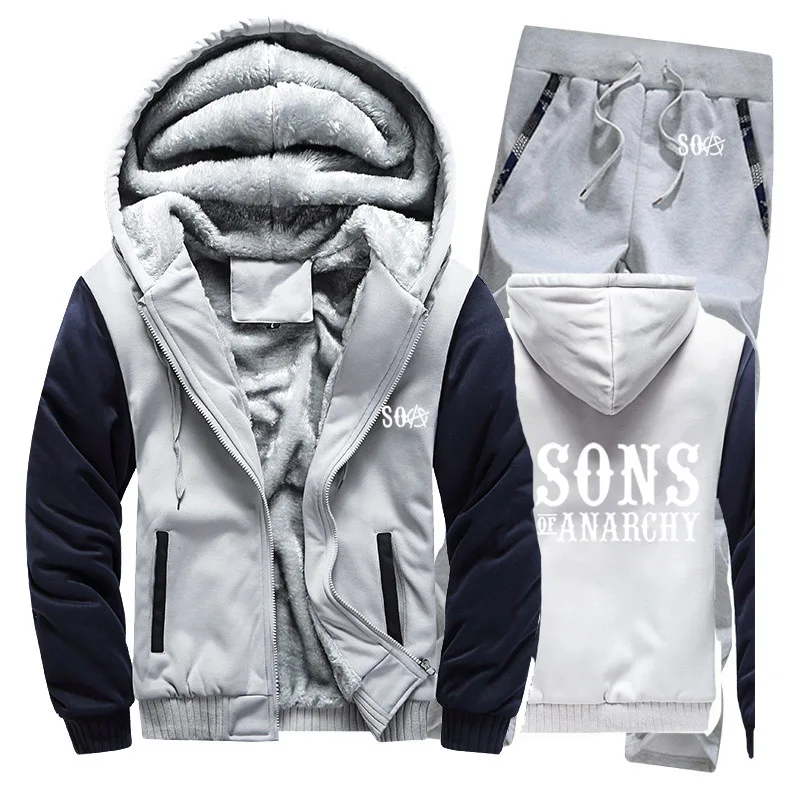 SOA Sons of толстовки анархия мужской костюм Зимние флисовые утепленные пальто на молнии свитшоты, мужские худи куртка+ брюки комплекты из 2 предметов