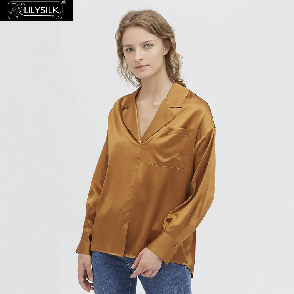 Caramel LilySilk Базовая шелковая рубашка без планки Женская Новая - Цвет: Caramel
