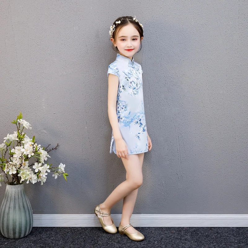 Летняя одежда рубашка с короткими рукавами для девочек Cheongsam Cuihua Cheongsam с вышивкой, в этническом стиле, со стоячим воротником, в стиле ретро, для детей