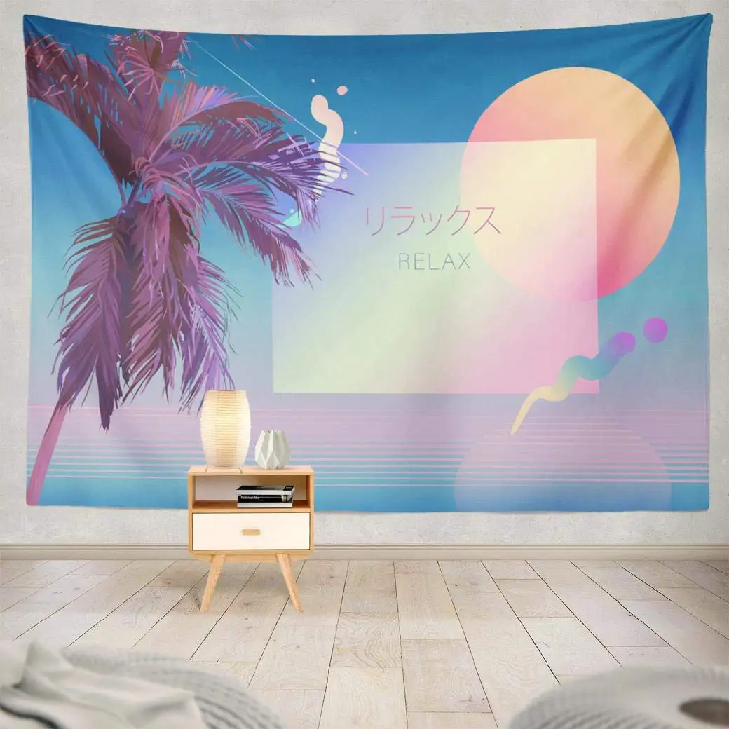 

Tropical Palm Tree Beach Vintage Retro Futuristic Minimal Wall Tapestry for Home Decorations