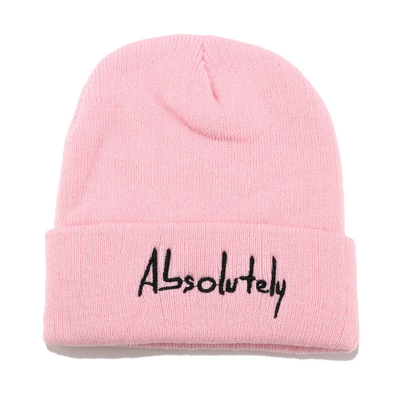 Absolutely Pink Вязаная шапка с вышивкой, зимняя теплая шапка для женщин и мужчин, Короткие шапочки с манжетами без полей, в стиле хип-хоп, теплая шапочка в стиле кэжуал, унисекс - Цвет: Absolutely Pink