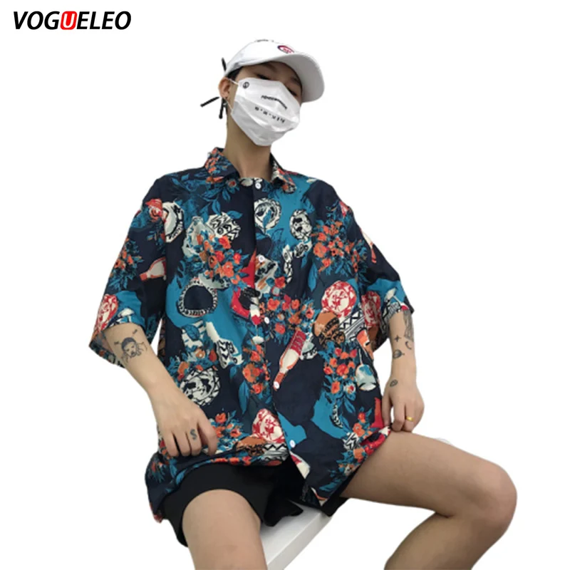 VOGUELEO/Новинка 2019 года; стильная модная рубашка в винтажном стиле; Свободная Повседневная рубашка с короткими рукавами и цветочным принтом;