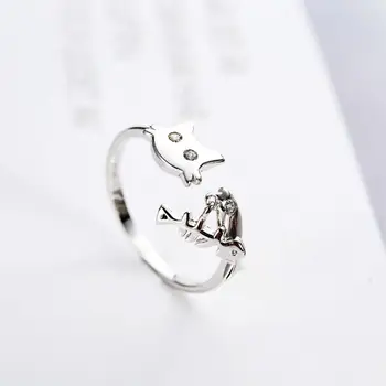 

100% 925 Sterling Silver Cubic Zirconia Cat Fish Open Rings For Women Personality Girl Gift Fashion Jewelry 925-1102
