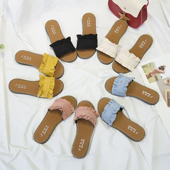 

new Women Slippers Lace Sandals Pleated Flips Flops Summer Style Shoes Flat Fashion Female Slides Big Size 35-40 sandalias mujer