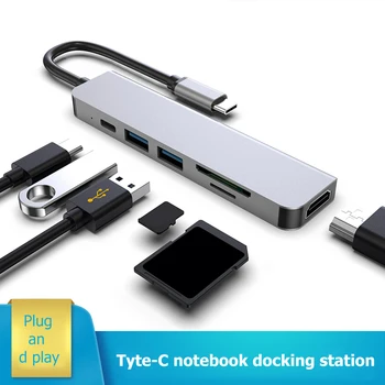 

Aluminum Alloy 6 in 1 Type-C HUB to HDMI USB 3.0 5Gbps 4K HDMI 87W PD Charging Adapter SD TF Card Reader Dock for MacBook PC