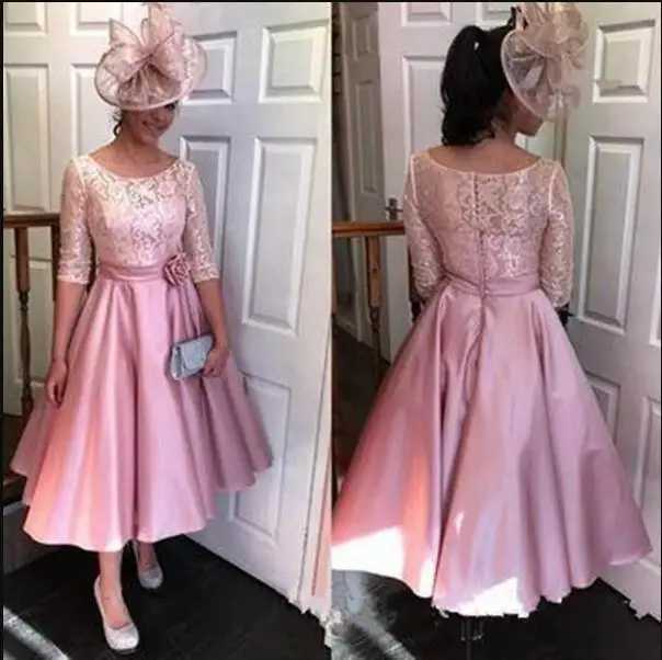 Розовое ТРАПЕЦИЕВИДНОЕ короткое платье для матери невесты с половиной рукава кружевное атласное женское вечернее платье на заказ