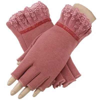 Winter Gloves Women Fingerless Lace Knitted Thermal Warm Half Finger Ladies Autumn Mitten Women Office Winter Hand Gloves Velvet - Цвет: Pink