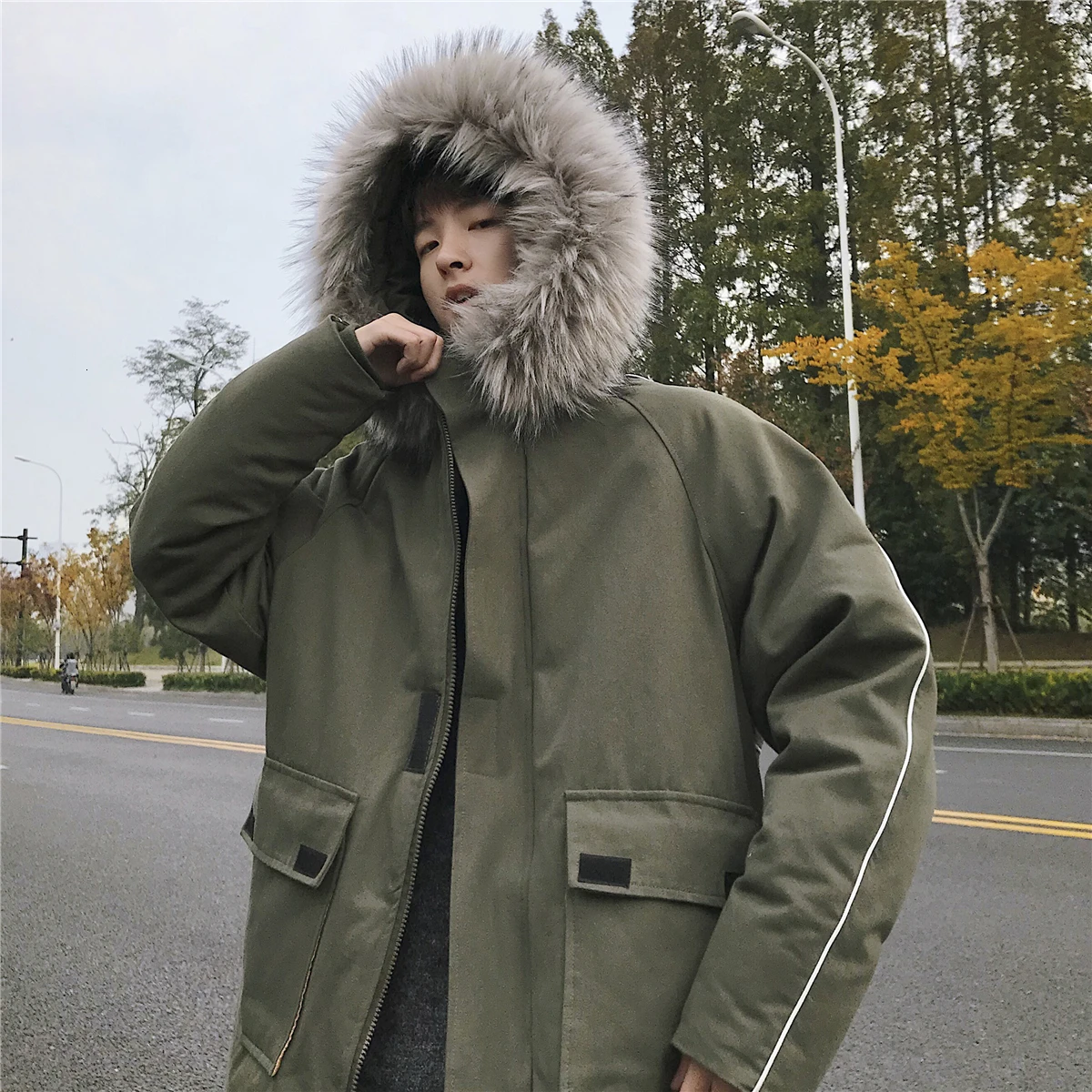 Winter Coat Men Warm Thick Fashion Parka Men Solid Color Casual Fur Collar Hooded Coat Man Wild Cotton Tooling Jacket Male - Цвет: Army green