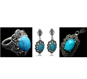

Fashion jewelry Free Shipping Vintage Blue Stone 925 Sterling Silver Marcasite Ring (#7-10) pendant and earrings sets