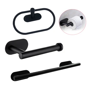 

3pcs Wall Mounted Toilet Paper Holder Accessories Shelf Home Storage Self Adhesive Towel Bar Ring Bathroom Hardware Set Shower