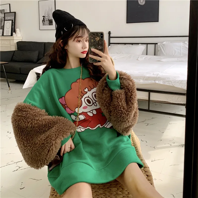Women Korean Loose Thin Cartoon Print Splice Plush Lantern Sleeve Plus velvet pullover Medium and long section Warm Sweatshirt
