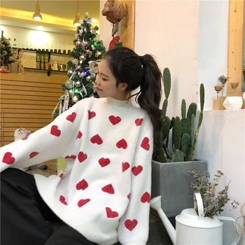 

2020 Autumn & Winter New Arrival Knit Sweater Loose Love Print Half-high Collar Long-sleeved Sweater Thick Sweater Free Shipping