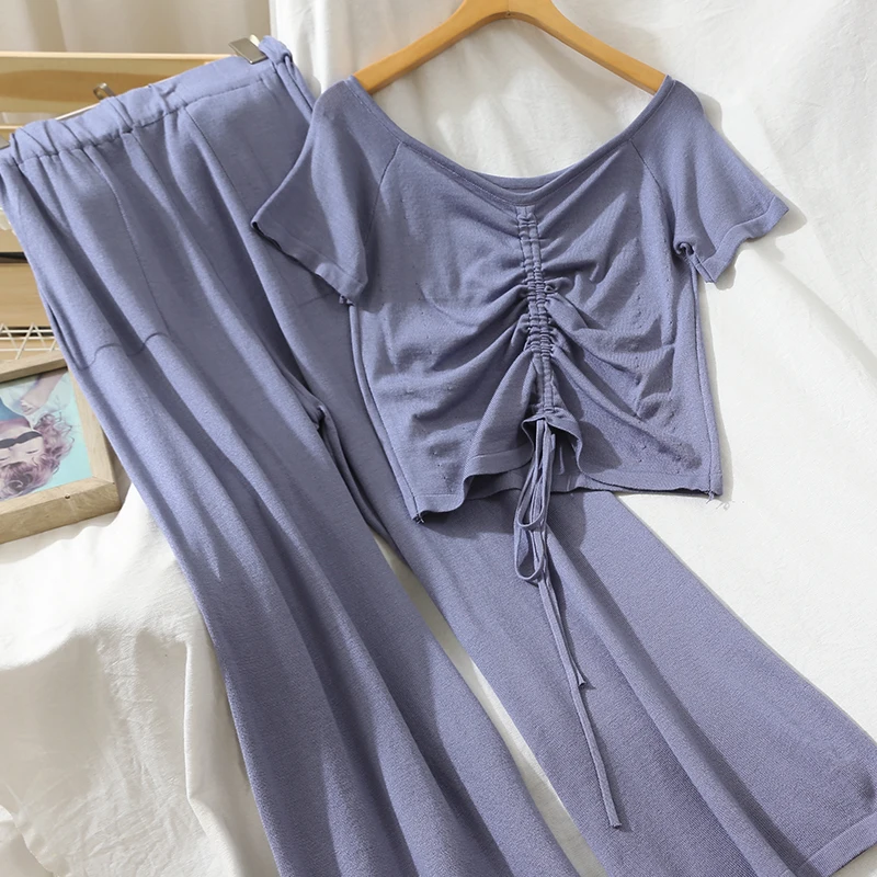 

Knitted Drawstring Sexy V-neck Short T-shirt + Women's High Waist Straight Casual Mopping Wide Leg Pants