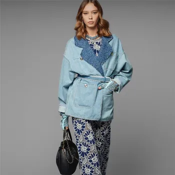 

Loose Denim Jacket Women 2020 High-end Solid Tweed Lapel Patchwork Pocket Blue Jeans Jackets Chic Streetwear Coats