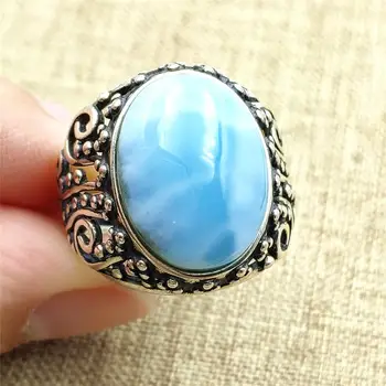 

100% Natural Blue Larimar Ring 925 Silver Woman Men 16x12mm Gift Crystal Adjustable Ring Fashion Jewelry AAAAA
