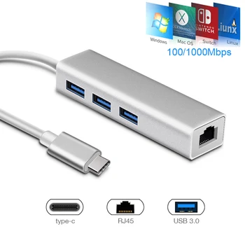 

USB 3.1 Type C to 3-USB 3.0 1000/100Mbps RJ45 Ethernet Lan Camera OTG Charger Adapter Hub for Macbook PC Laptop Samsung Huawei