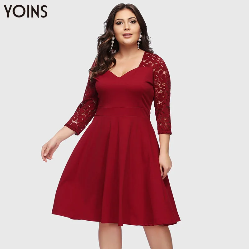 YOINS кружевное платье миди с v образным вырезом и рукавом три четверти 2020 женские
