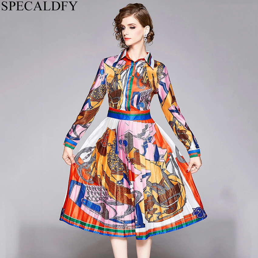 

2019 Newest Fashion Designer Runway Dress Autumn Long Sleeve Vintage Dress Women Midi-calf Pleated Dress Vestidos