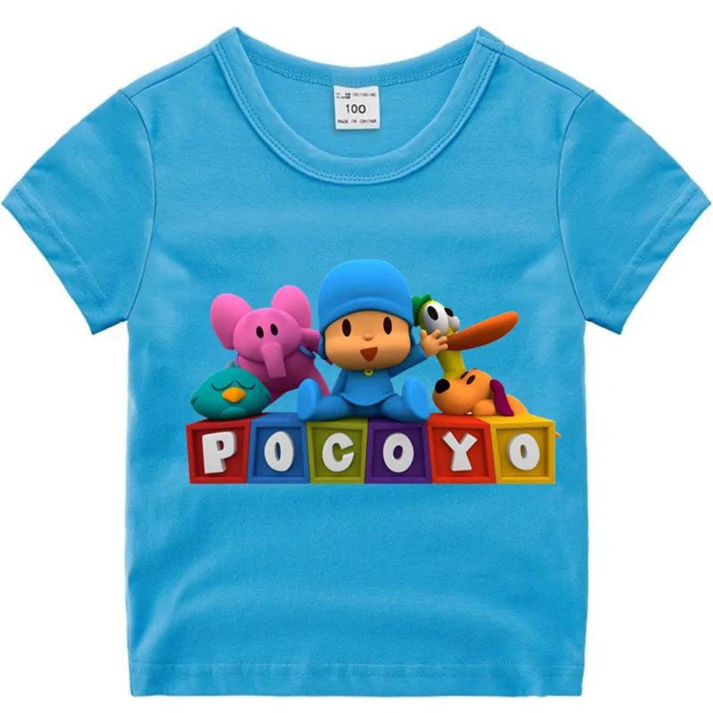T127O-skyblue Хлопковая футболка с рисунком Pocoyo для маленьких мальчиков и девочек детская Рождественская рубашка детская футболка для малышей с героями мультфильмов Роскошный топ - Цвет: T127O-skyblue