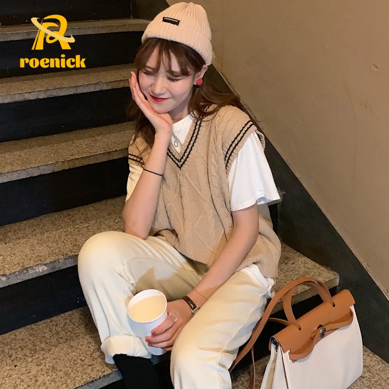 ROENICK Women Korean V-Neck Sweater Vest Students Preppy Style Striped Short Knit Tops Loose Khaki Sleeveless Tank Waistcoat |