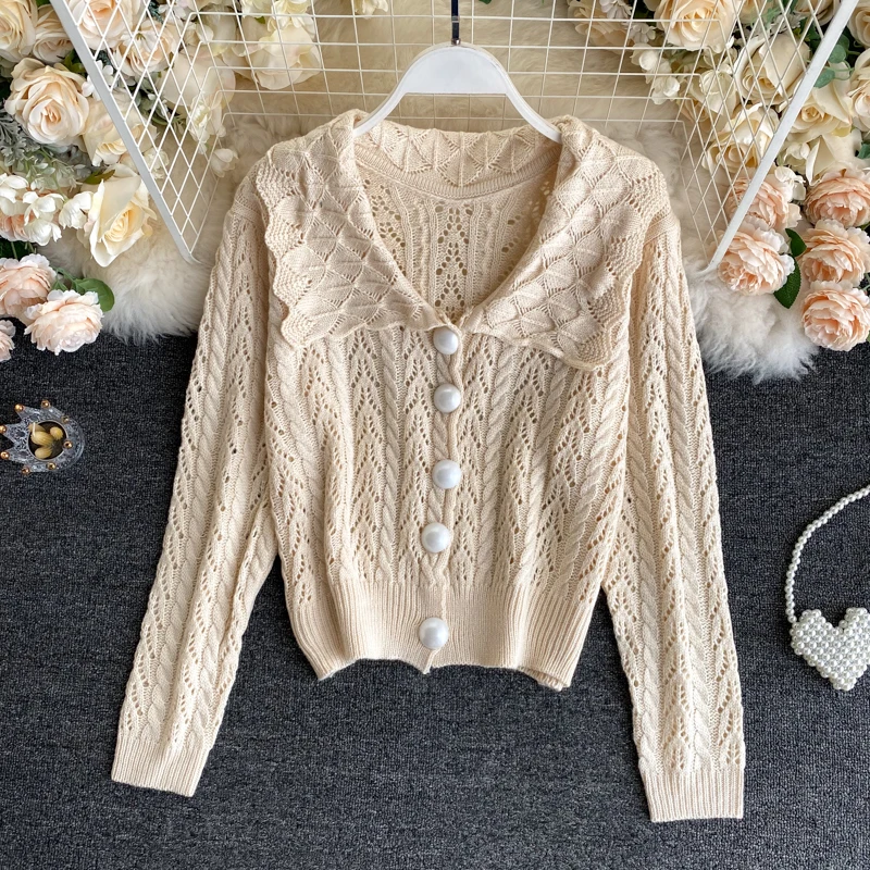 Knitted Cardigan Jacket Women's Autumn Winter All-match Korean Large Lapel Retro Linen Flower Hollow-out Top Cardigans sweaters |