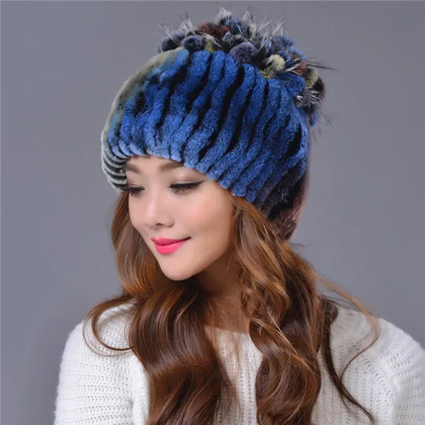 blue Модная Новая женская зимняя шапка из кроличьего меха, эластичная теплая мягкая меховая оригинальная Роскошная качественная шапка из натурального меха кролика - Цвет: blue