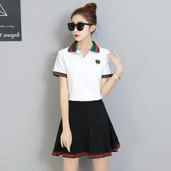 

2019 Summer Women's Wear Leisure Sports Tennis Clothing Garden Clothing Skirt Slim Big Code Short Sleeve Short Skirt Sports Suit
