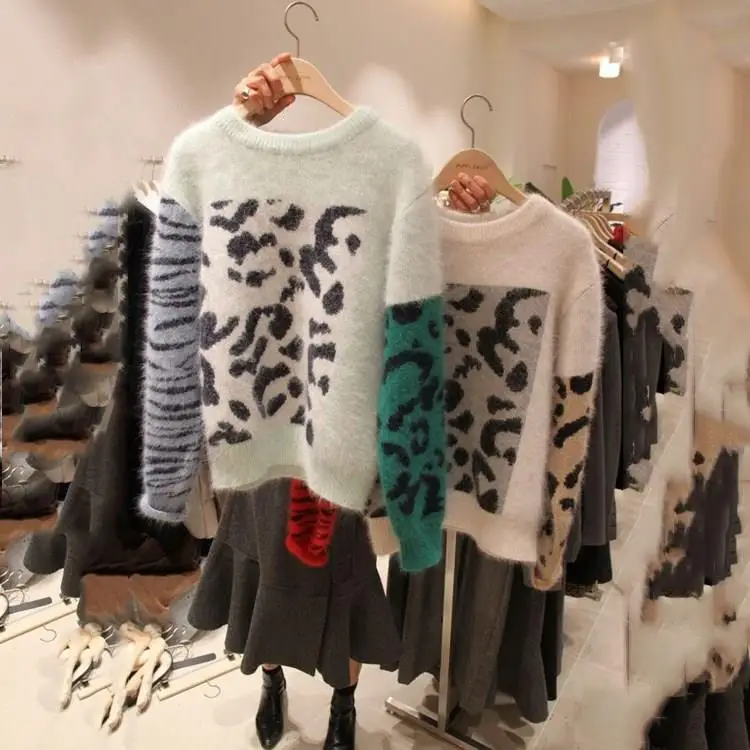 

Sueter Mujer Patchwork Knitted Mohair Sweaters Women Pullovers O-Neck Leopard Print Sweater