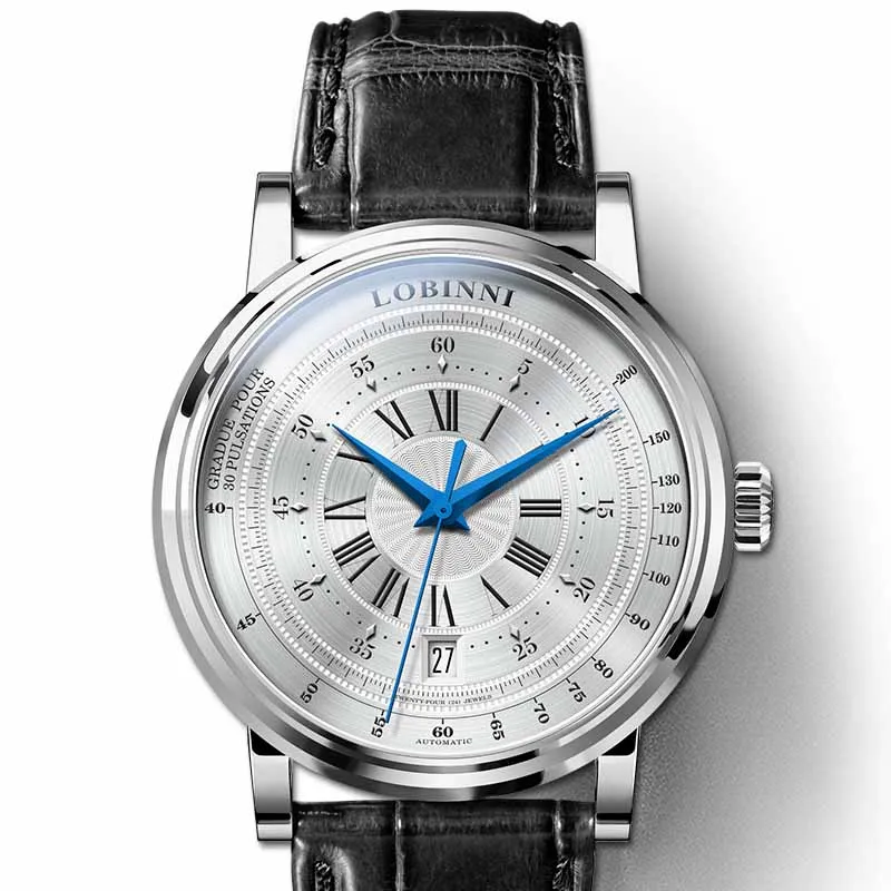 Роскошные брендовые LOBINNI Мужские механические часы лучший бренд часы мужские стальные кожаные автоматические часы мужские 50 м водонепроницаемые мужские часы - Цвет: White Black Leather