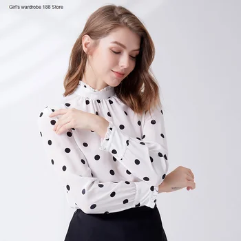 

Silk shirt Women's crepe chine polka dot long sleeve silk shirt pullover fashion print lace white stand collar top