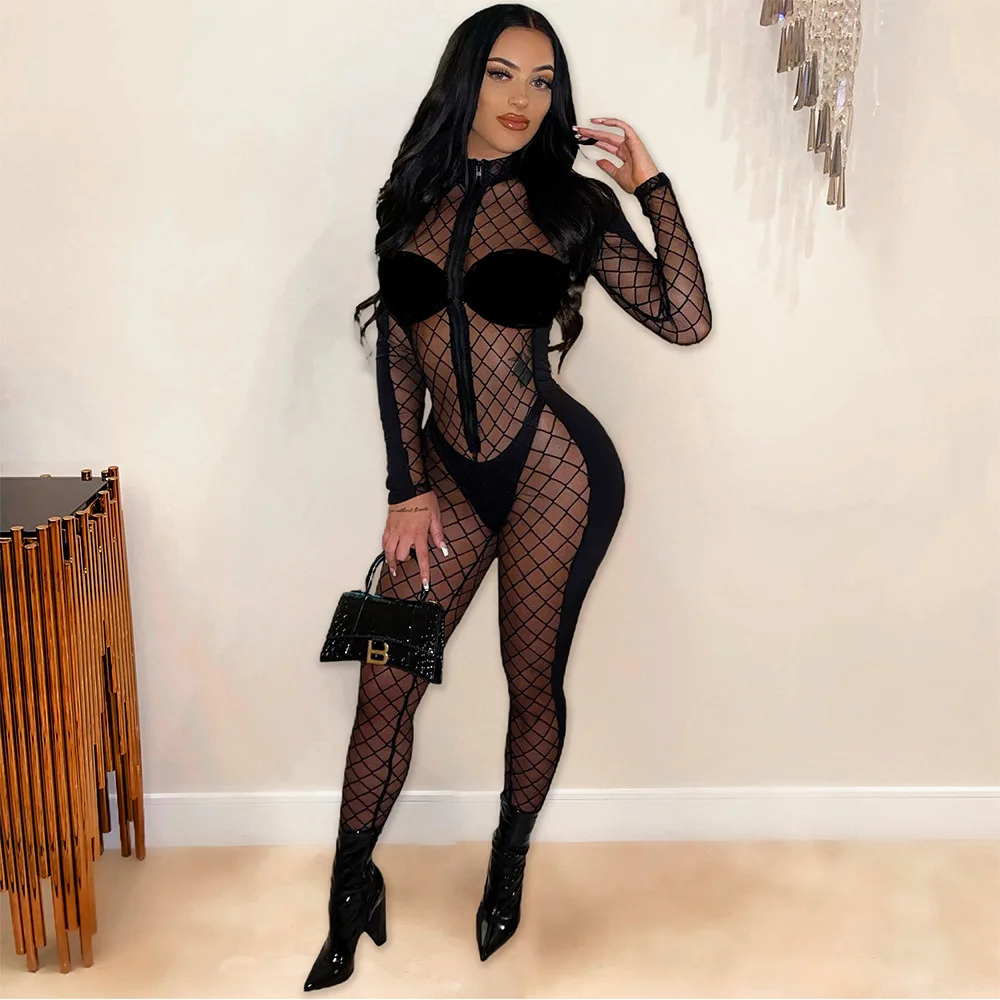

Mesh Sheer Jumpsuit Rave Festival Clothing for Women Long Sleeve Birthday Party Night Club Wear Sexy One Piece Romper Outfits