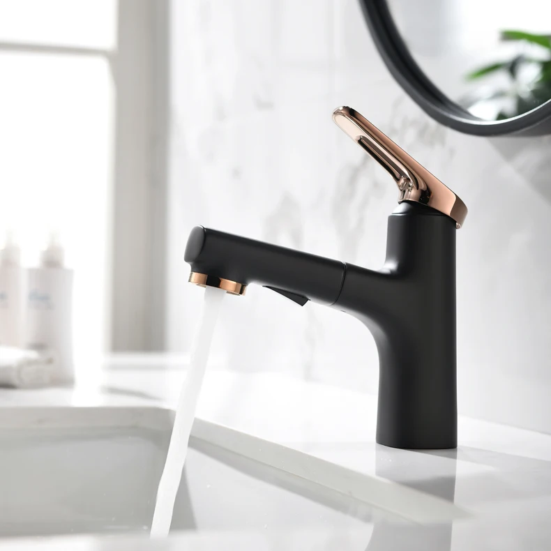 

Top quality pull out brass bathroom sink faucet with two functions pull out spray shower nozzle fashion basin mixer faucet