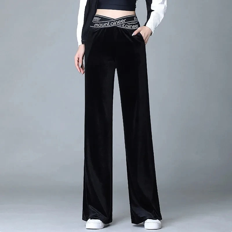 

Black Pleuche Wide Leg Pants Women High Elastic Waist Elegant Letter Patchwork Long Pant Office Stretch Trousers Baggy Bottoms