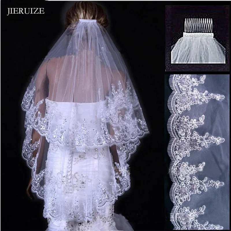 

JIERUIZE Lace Edge Two layers Wedding Veils 2019 High Quality Cheap Bridal Veils with comb Wedding Accessories