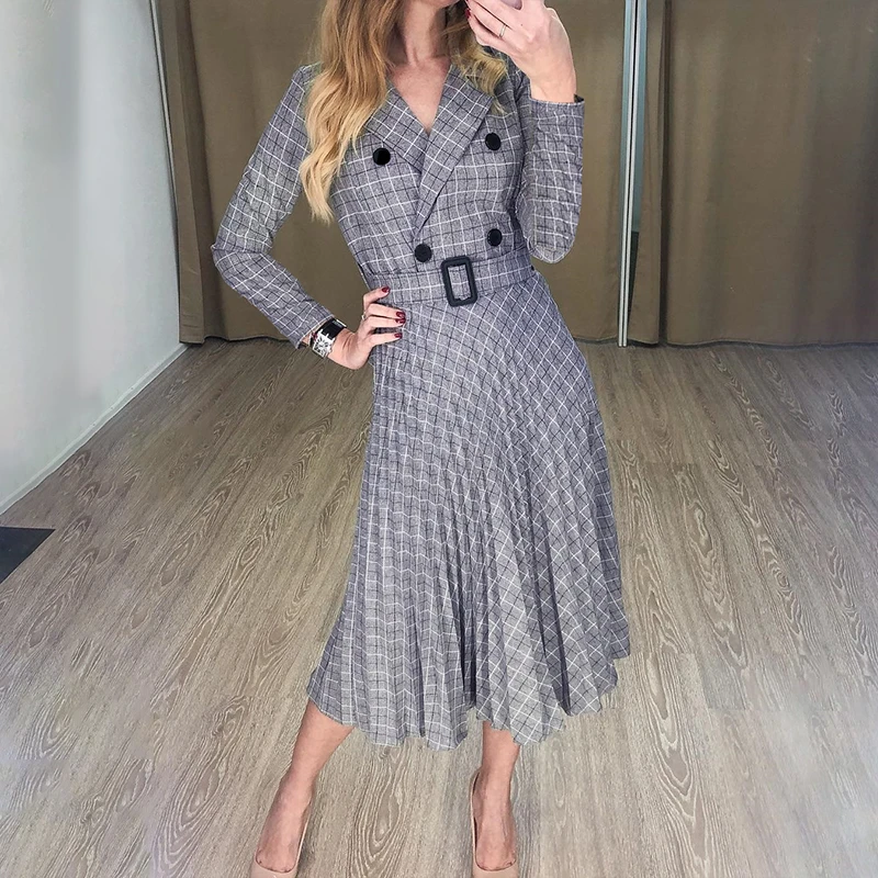 Cena Aartiee elegancka 2019 jesienno zimowa damska marynarka sukienka guzik pas z długim rękawem sukienka kobieta sukienka w kratę kobiety Sexy vestidos