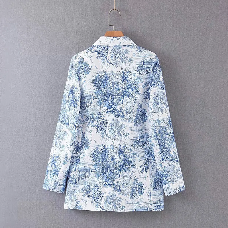 Europe And America Summer New Style Versitile Fashion Long Sleeve Suit Fold-down Collar Printed Coat 0783934